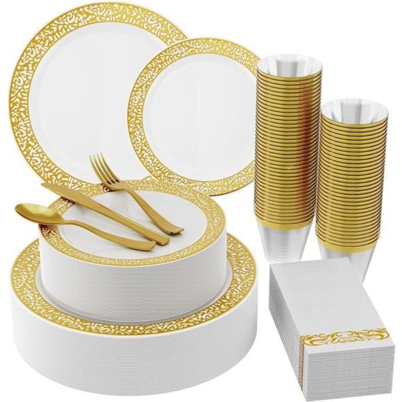210 Count Gold Plastic Dinnerware, Gold Disposable Plates, Includes: 30 Plates - Picture 1 of 7